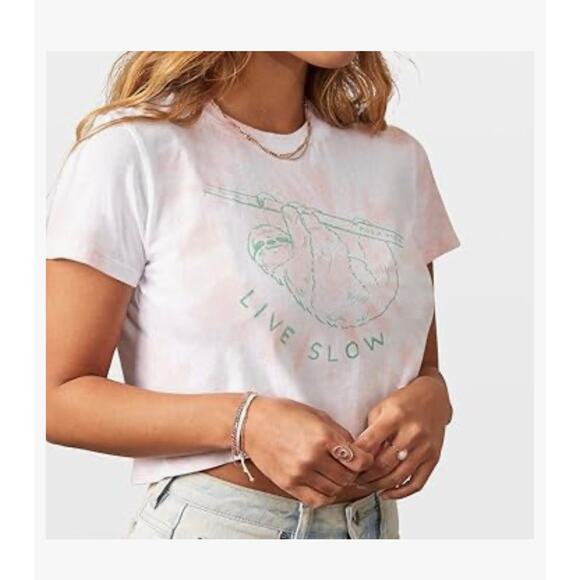 Pura Vida Tops - PURA VIDA Live Slow Sloth Tie Dye Graphic Crop Top Tee Pink Size Large